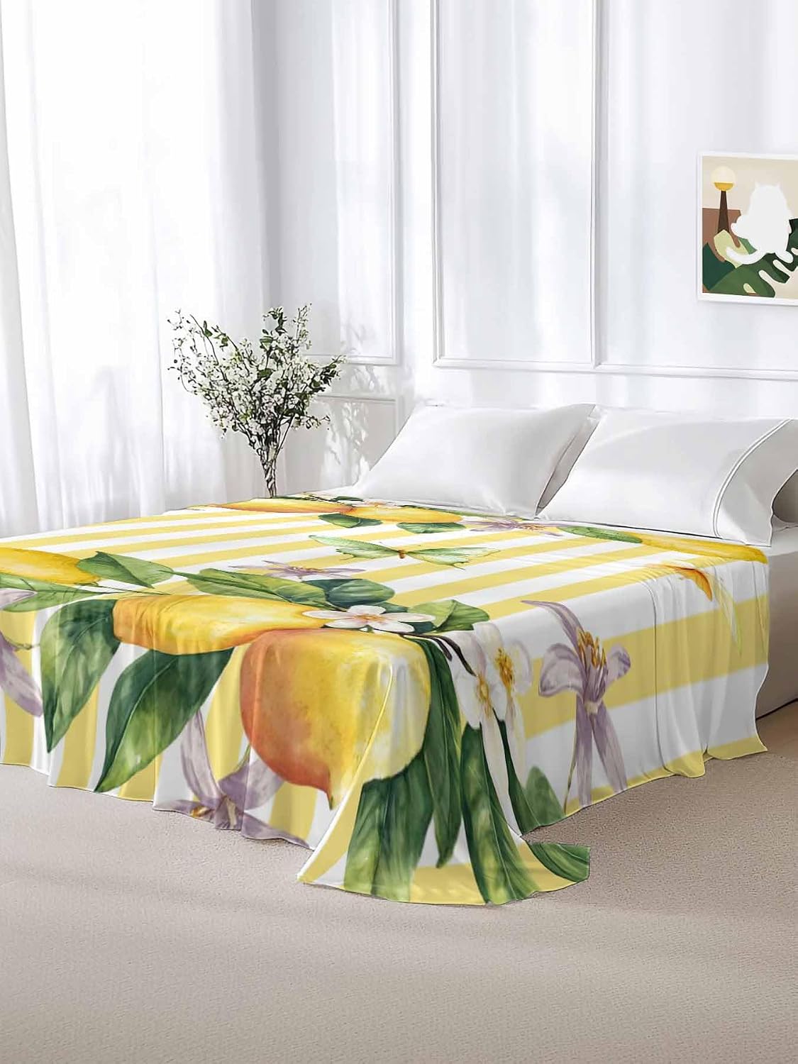 Flat Sheet Only Bedding Top Sheet Twin Lemon Fruits Floral Leaves Soft Microfiber Breathable Bed Sheets, Yellow Stripes Flat Sheets for Bedroom Sofa Men/Women