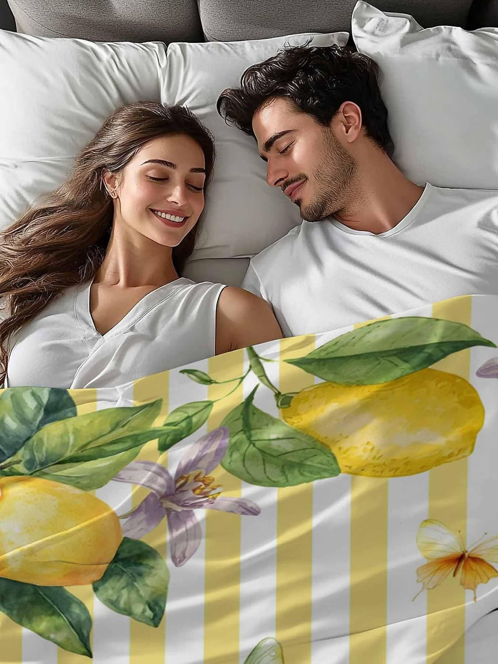 Flat Sheet Only Bedding Top Sheet Twin Lemon Fruits Floral Leaves Soft Microfiber Breathable Bed Sheets, Yellow Stripes Flat Sheets for Bedroom Sofa Men/Women