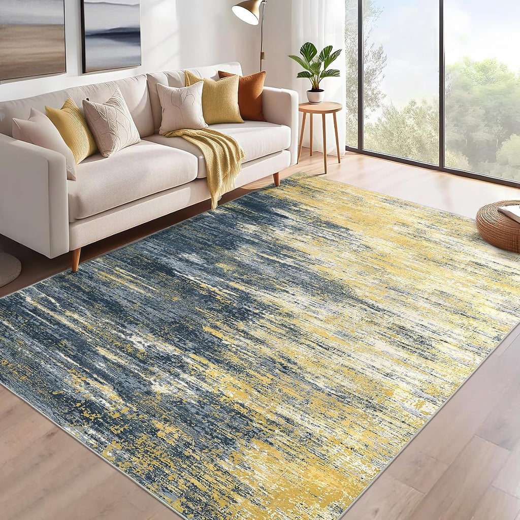 Modern Abstract Living Room Rug 8x10, Yellow/Black