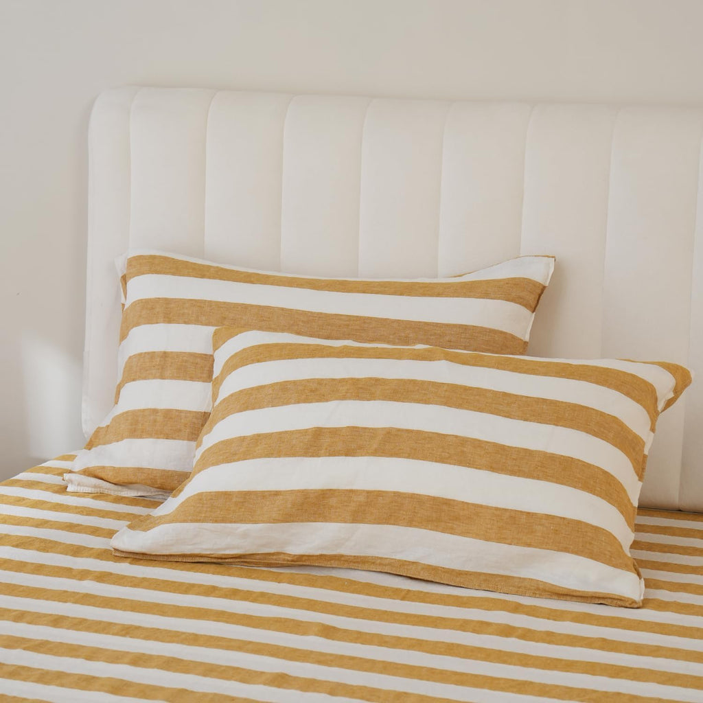 Stripe Linen Pillow Cases Set of 2,100% Organic French Natural Linen Soft Yarn Dyed Yellow Stripe Pillowcase,Standard 20"x30"