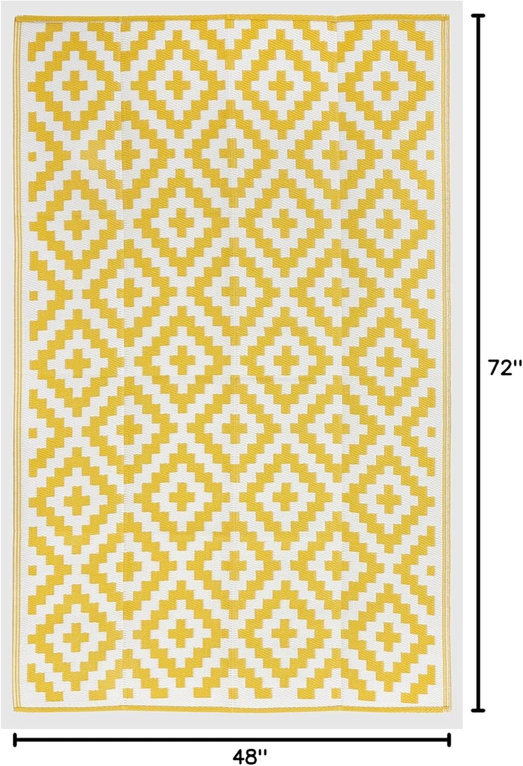 Outdoor Camping Rug - Waterproof, Fade Resistant, Reversible - Premium Recycled Plastic - Geometric - Picnic, Patio, Deck, Sunroom, RV - Aztec - Yellow & White - 4 x 6 ft Foldable