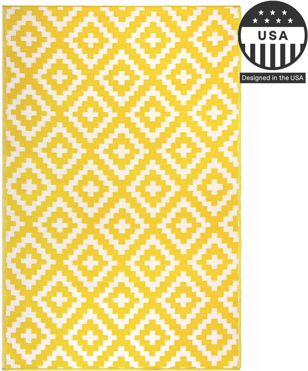 Outdoor Camping Rug - Waterproof, Fade Resistant, Reversible - Premium Recycled Plastic - Geometric - Picnic, Patio, Deck, Sunroom, RV - Aztec - Yellow & White - 4 x 6 ft Foldable