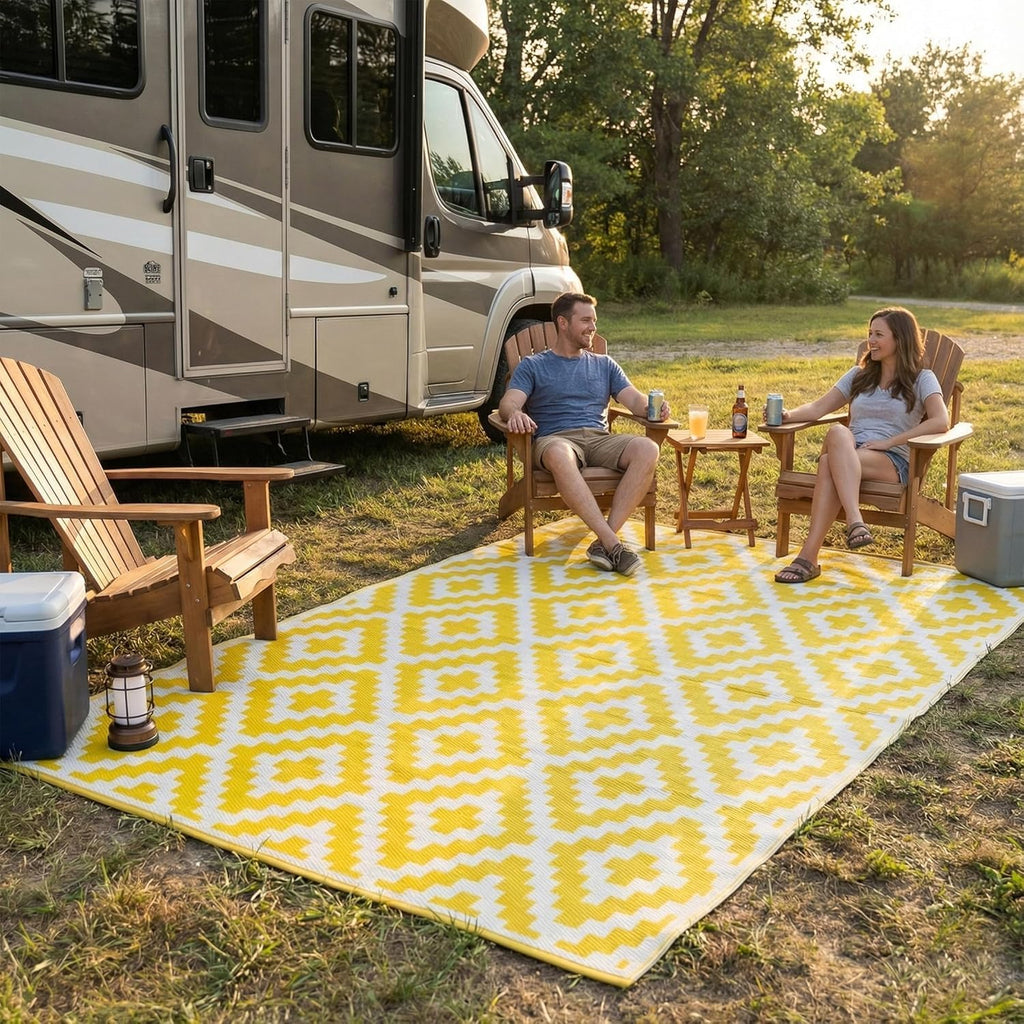 Outdoor Camping Rug - Waterproof, Fade Resistant, Reversible - Premium Recycled Plastic - Geometric - Picnic, Patio, Deck, Sunroom, RV - Aztec - Yellow & White - 4 x 6 ft Foldable