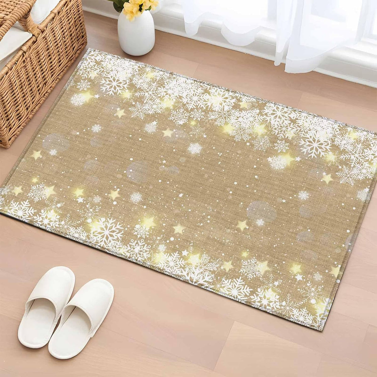 Rectangle Area Rug 2x3ft, Christmas Snowflake Yellow Star on Brown Non Slip Floor Mat, Winter Snow Scene Non Shedding Washable Floor Carpets for Living Room Bedroom Home Decor