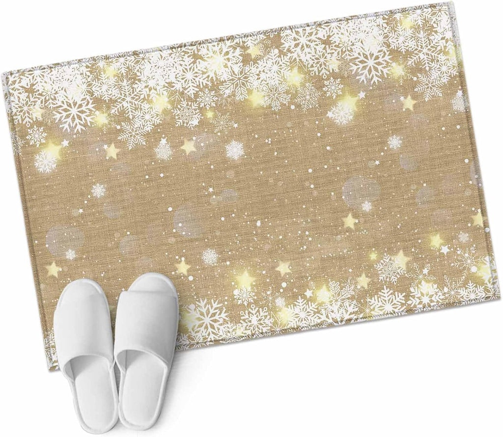 Rectangle Area Rug 2x3ft, Christmas Snowflake Yellow Star on Brown Non Slip Floor Mat, Winter Snow Scene Non Shedding Washable Floor Carpets for Living Room Bedroom Home Decor