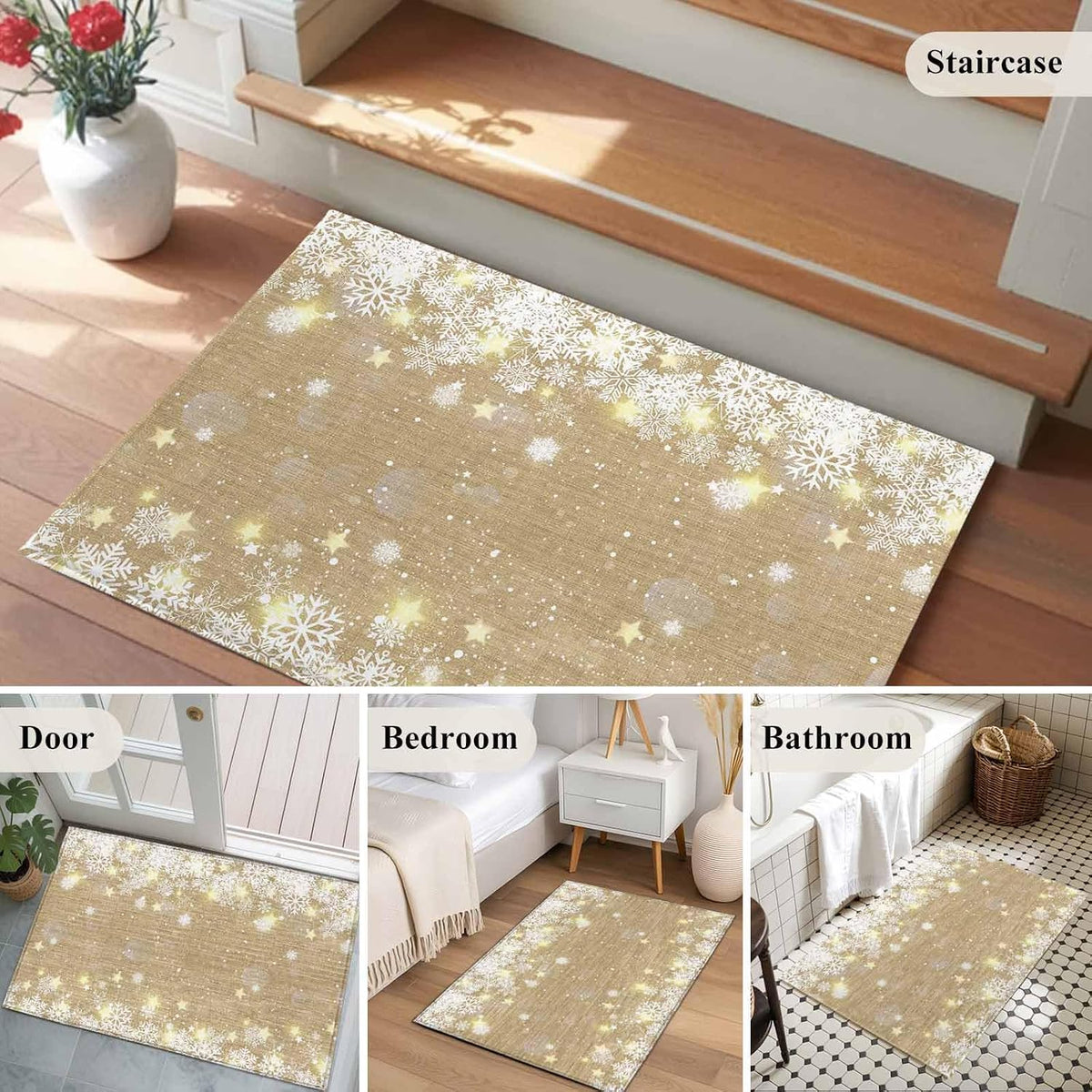 Rectangle Area Rug 2x3ft, Christmas Snowflake Yellow Star on Brown Non Slip Floor Mat, Winter Snow Scene Non Shedding Washable Floor Carpets for Living Room Bedroom Home Decor