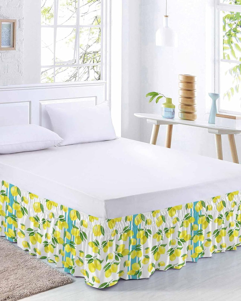 Yellow Lemons Bed Skirt Queen Size 16 Inch Drop, Adjustable Elastic Wrap Around Bed Skirts Easy Fitting Dust Ruffle Bedskirt Bed Frame Cover Summer Botanical Watercolor