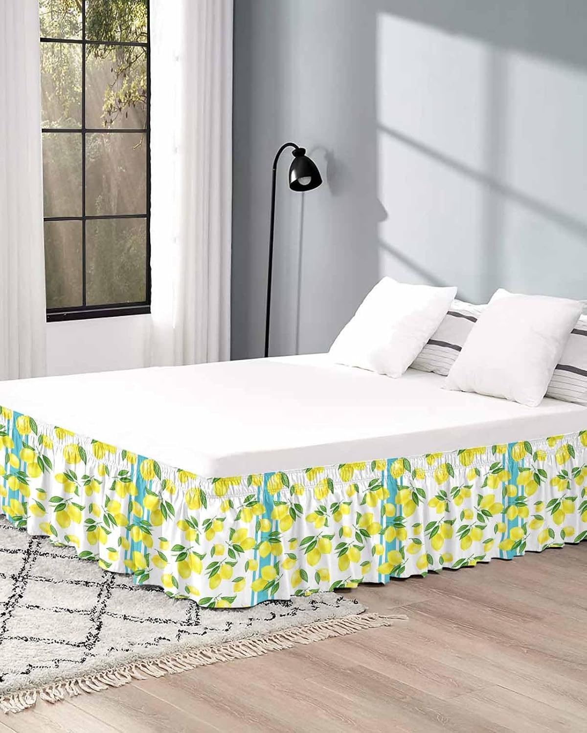 Yellow Lemons Bed Skirt Queen Size 16 Inch Drop, Adjustable Elastic Wrap Around Bed Skirts Easy Fitting Dust Ruffle Bedskirt Bed Frame Cover Summer Botanical Watercolor