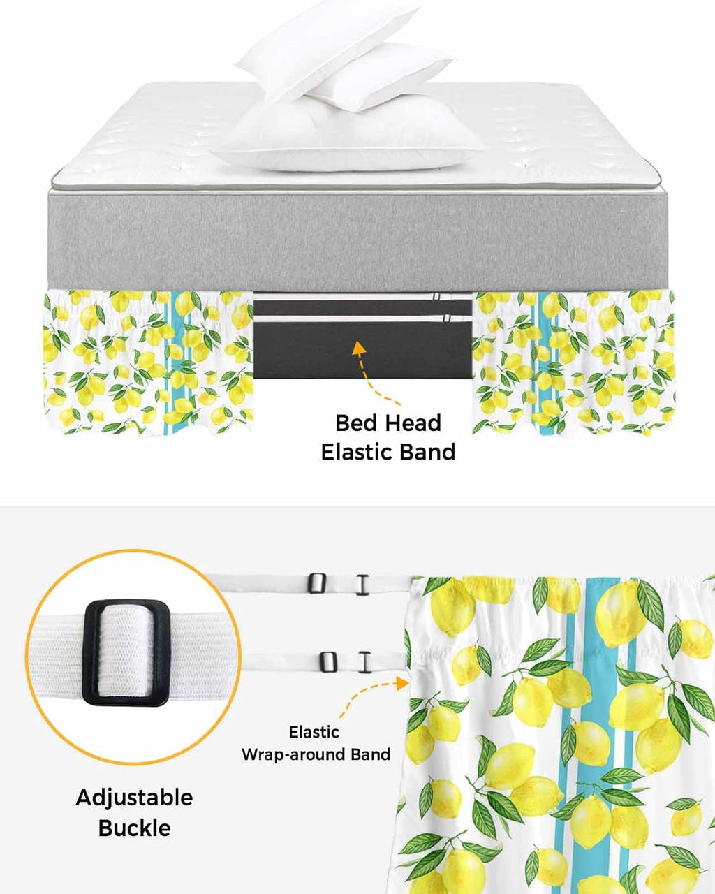 Yellow Lemons Bed Skirt Queen Size 16 Inch Drop, Adjustable Elastic Wrap Around Bed Skirts Easy Fitting Dust Ruffle Bedskirt Bed Frame Cover Summer Botanical Watercolor