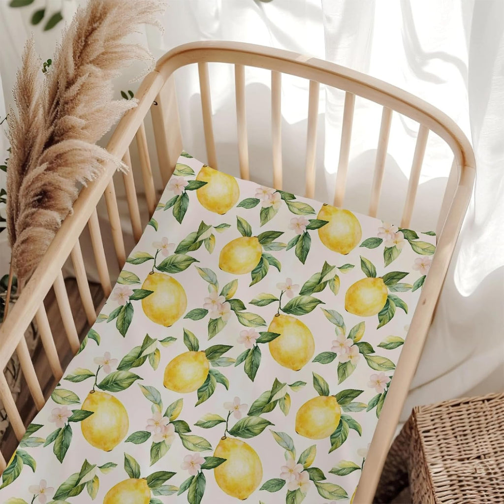Cute Lemon Floral Leaves Pink Fitted Crib Sheet for Baby Girls Boys 28x52 Inch Yellow Lemons Wildflowers Baby Sheet for Standard Crib and Toddler Summer Fruit Bed Mattress Nursery Bed