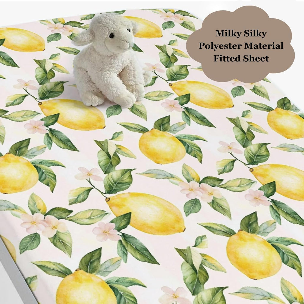 Cute Lemon Floral Leaves Pink Fitted Crib Sheet for Baby Girls Boys 28x52 Inch Yellow Lemons Wildflowers Baby Sheet for Standard Crib and Toddler Summer Fruit Bed Mattress Nursery Bed
