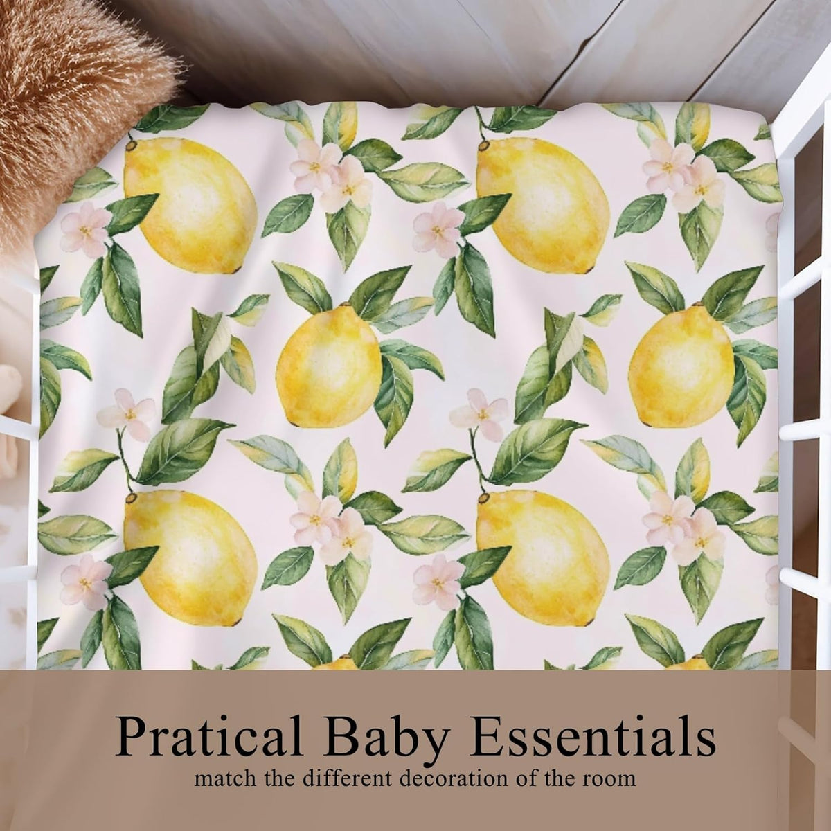 Cute Lemon Floral Leaves Pink Fitted Crib Sheet for Baby Girls Boys 28x52 Inch Yellow Lemons Wildflowers Baby Sheet for Standard Crib and Toddler Summer Fruit Bed Mattress Nursery Bed