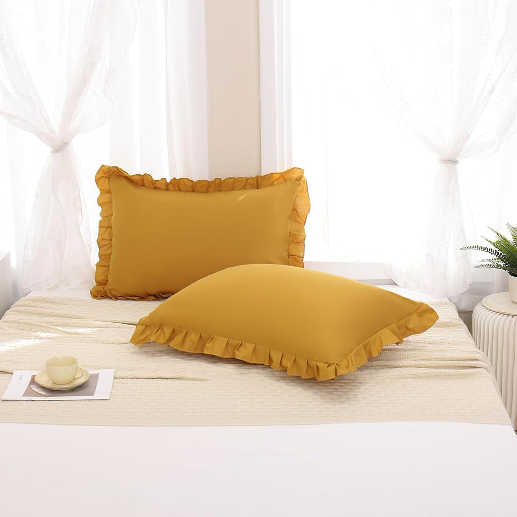 Mustard Yellow Pillowcases QueenPillowcases Set of 2 Ruffle Pillow Shams Cute Pillow Covers Solid Ruffled Fringe Design Yellow Shabby Chic Pillowcases 2 Pack