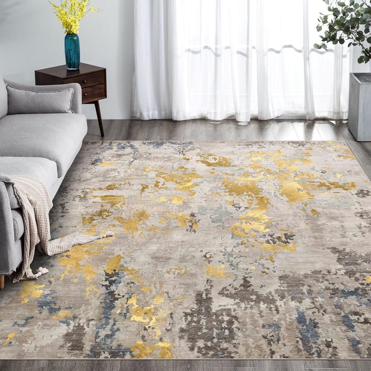 Washable Rug, Ultra Soft Area Rug 3x5, Non Slip Abstract Small Rug, Stain Resistant Rugs for Living Room Bedroom, Modern Fluffy (Grey/Mustard, 3'x5')