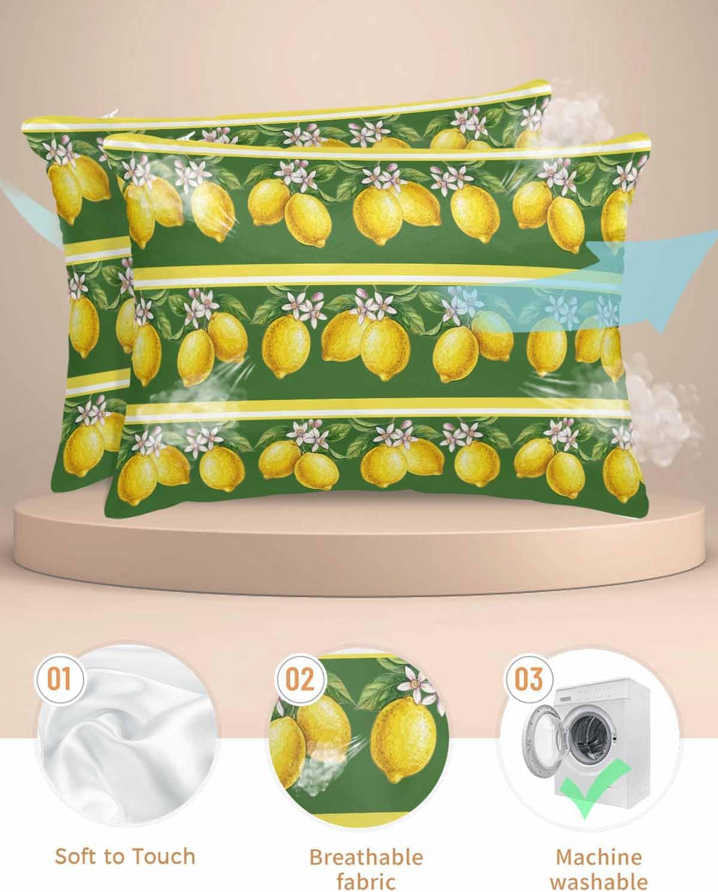 Lemon Summer 2 Packs Bed Pillow Covers Standard Decorative, Throw Pillow Cases Breathable Bedding Pillowcase, Soft Stain Pillows Shams Zipper Closure Watercolor Fruits Green Yellow Stripes 20"x26"
