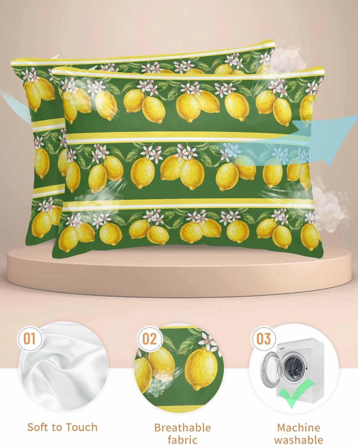 Lemon Summer 2 Packs Bed Pillow Covers Standard Decorative, Throw Pillow Cases Breathable Bedding Pillowcase, Soft Stain Pillows Shams Zipper Closure Watercolor Fruits Green Yellow Stripes 20"x26"
