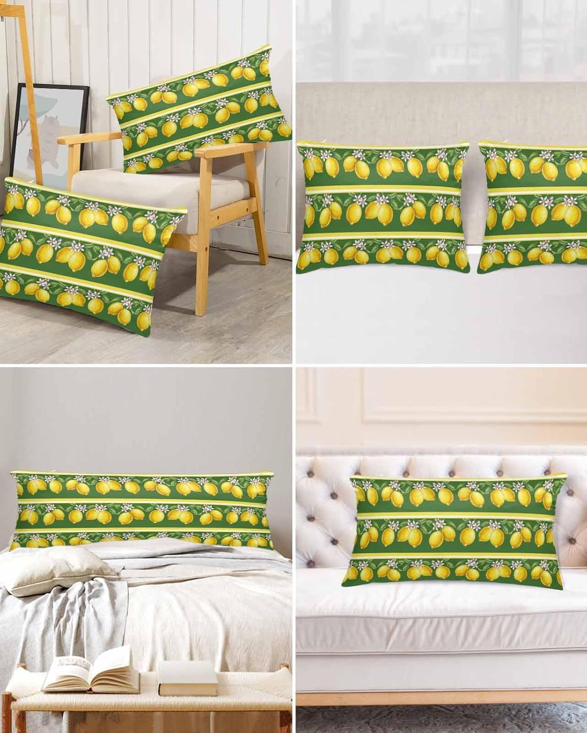 Lemon Summer 2 Packs Bed Pillow Covers Standard Decorative, Throw Pillow Cases Breathable Bedding Pillowcase, Soft Stain Pillows Shams Zipper Closure Watercolor Fruits Green Yellow Stripes 20"x26"