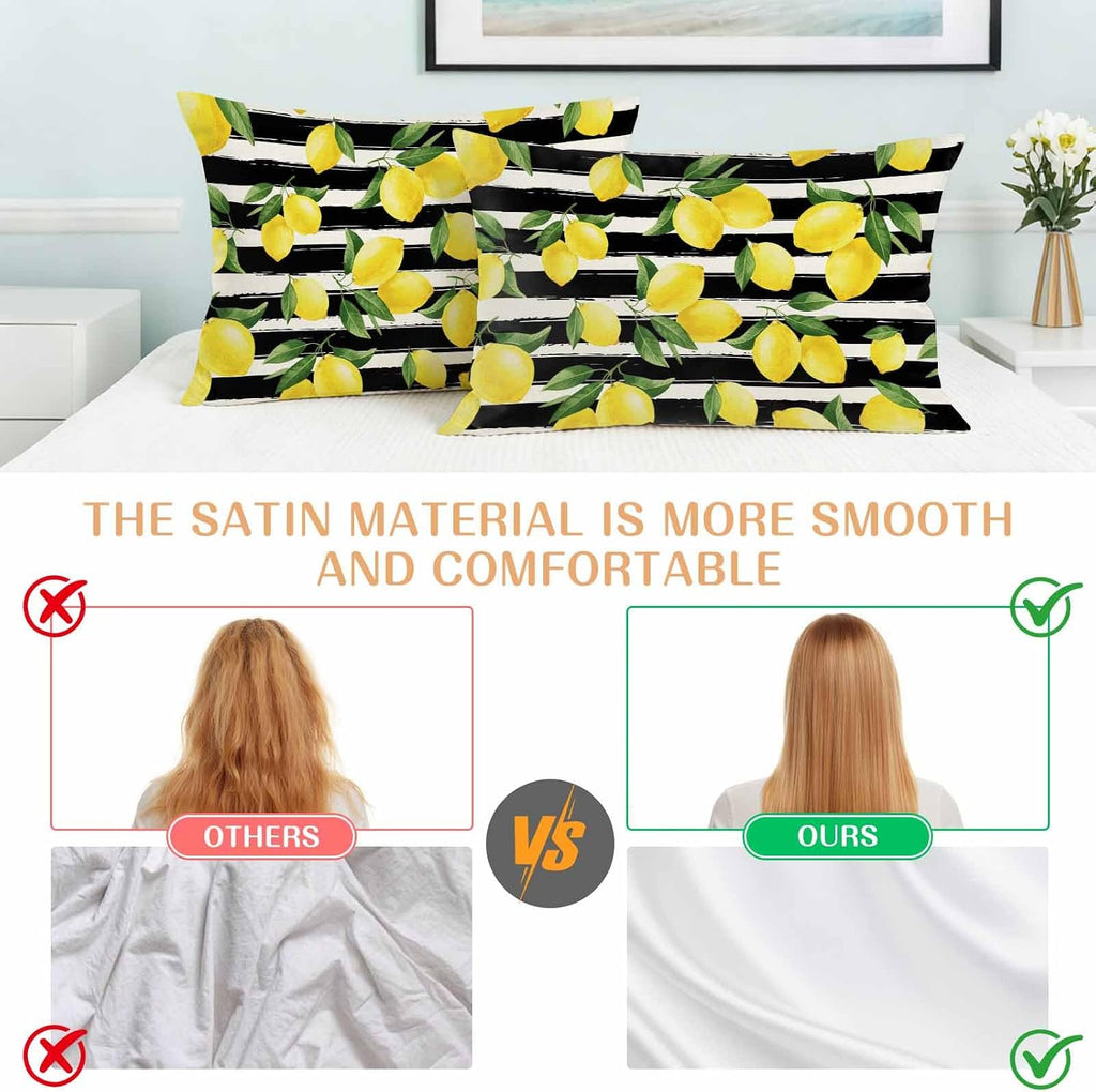 Yellow Lemon Standard Pillowcase Set of 2, Summer Fruit Black Striped Satin Pillow Case Cover with Smooth Hidden Zipper Closure, Soft Throw Pillow Covers Cases for Home Decoration 20 X 26 Inches