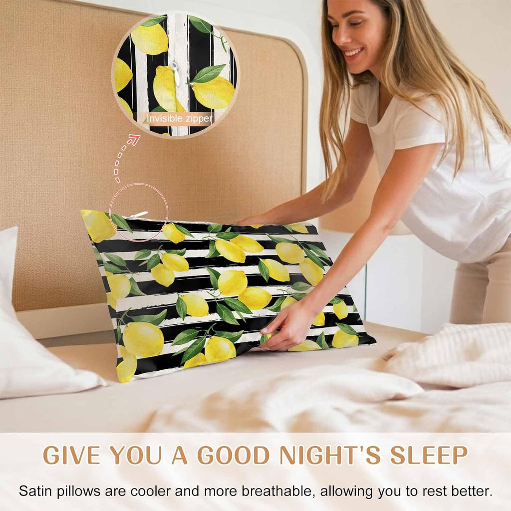 Yellow Lemon Standard Pillowcase Set of 2, Summer Fruit Black Striped Satin Pillow Case Cover with Smooth Hidden Zipper Closure, Soft Throw Pillow Covers Cases for Home Decoration 20 X 26 Inches