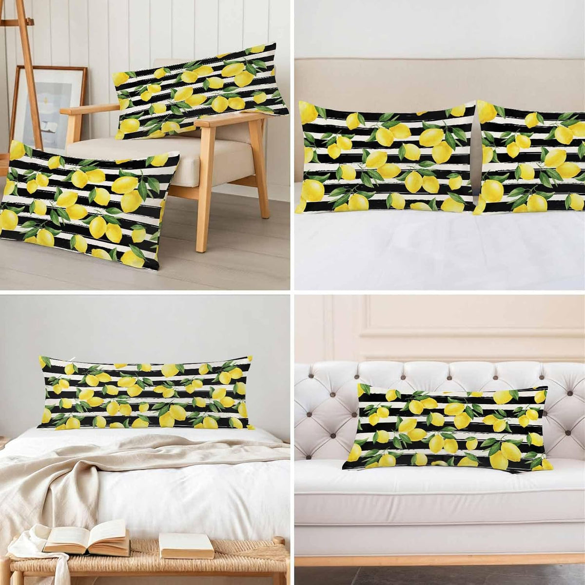 Yellow Lemon Standard Pillowcase Set of 2, Summer Fruit Black Striped Satin Pillow Case Cover with Smooth Hidden Zipper Closure, Soft Throw Pillow Covers Cases for Home Decoration 20 X 26 Inches