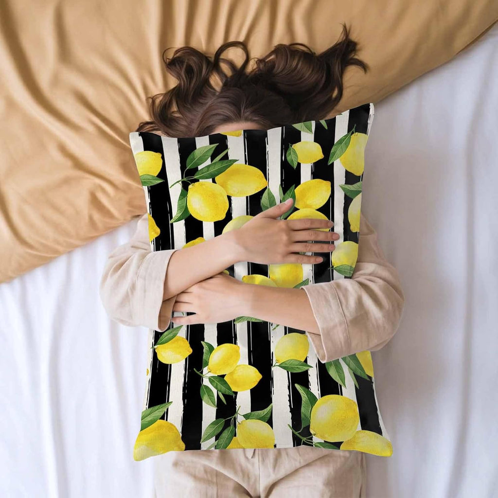 Yellow Lemon Standard Pillowcase Set of 2, Summer Fruit Black Striped Satin Pillow Case Cover with Smooth Hidden Zipper Closure, Soft Throw Pillow Covers Cases for Home Decoration 20 X 26 Inches