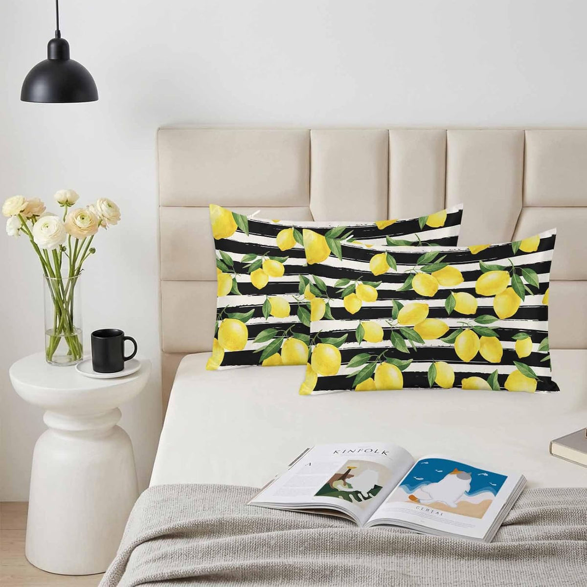 Yellow Lemon Standard Pillowcase Set of 2, Summer Fruit Black Striped Satin Pillow Case Cover with Smooth Hidden Zipper Closure, Soft Throw Pillow Covers Cases for Home Decoration 20 X 26 Inches