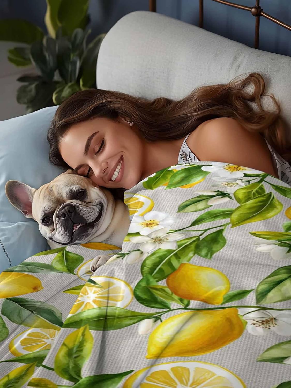 Twin Flat Sheet Only,Summer Lemon Flower Leaf Top Sheet Breathable Soft Brushed Polyester Microfiber Bed Sheets,Country Yellow Fruit Floral Plant Hotel Luxury Bedding Sheets for Women,Men,Teens
