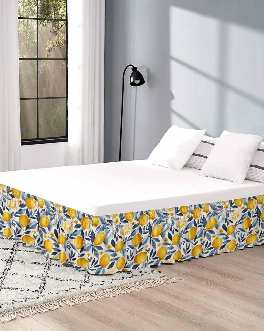 Lemon Bed Skirt Queen Size 16 Inch Drop, Adjustable Elastic Wrap Around Bed Skirts Easy Fitting Dust Ruffle Bedskirt Bed Frame Cover Plant Branch Yellow Blue Retro Spring Summer