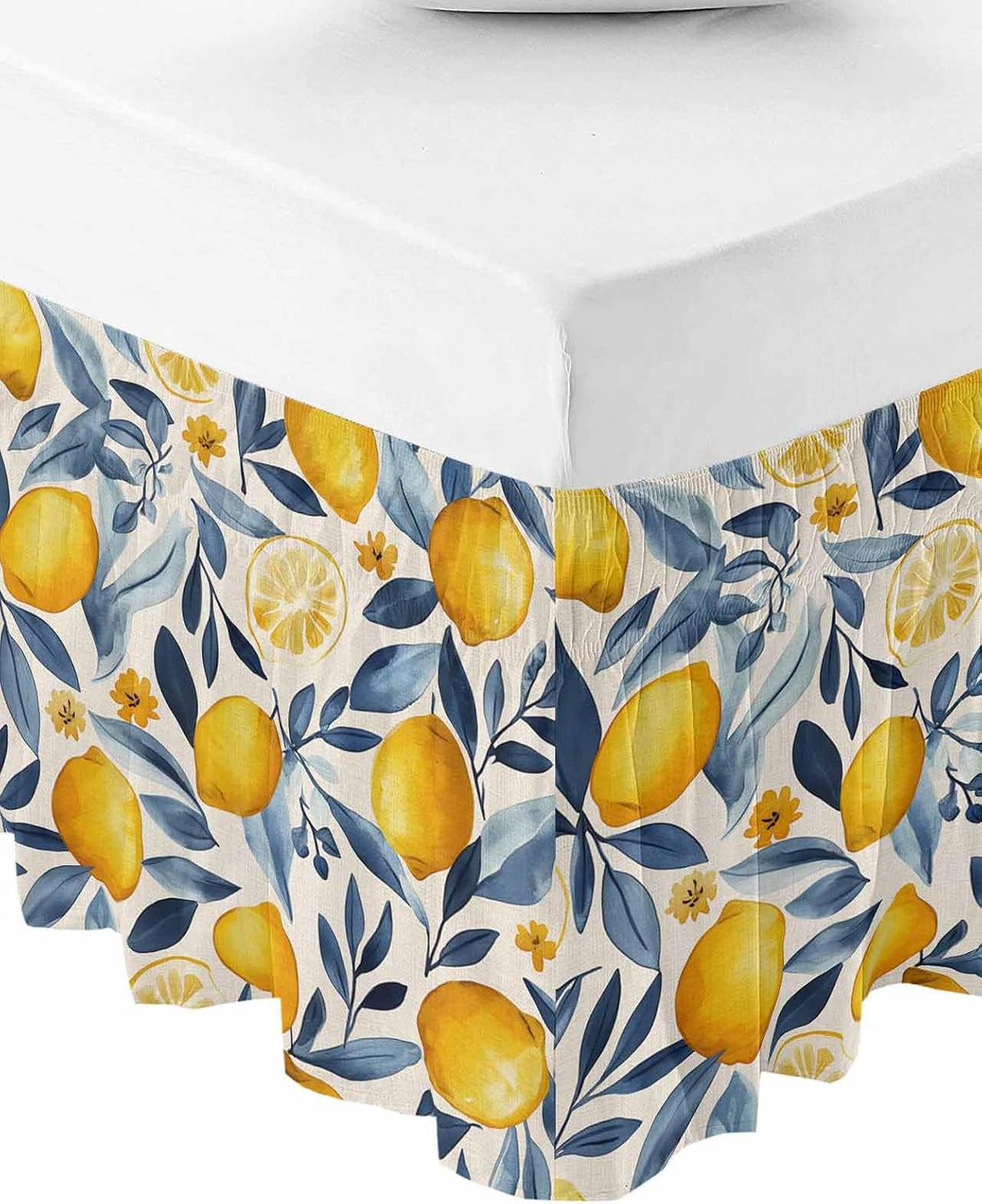 Lemon Bed Skirt Queen Size 16 Inch Drop, Adjustable Elastic Wrap Around Bed Skirts Easy Fitting Dust Ruffle Bedskirt Bed Frame Cover Plant Branch Yellow Blue Retro Spring Summer
