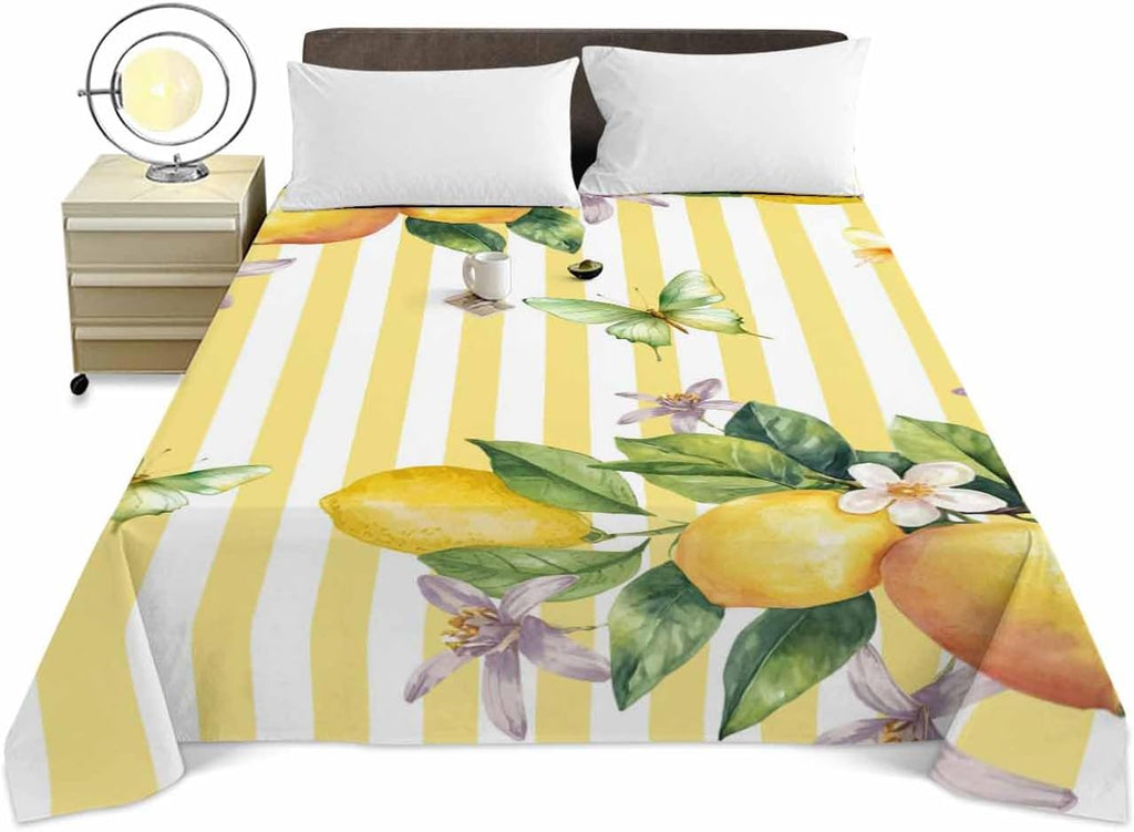 Queen Size Top Sheet Only, Farm Purple White Floral Lemon Flat Sheet Microfiber Breathable Soft Bed Sheets, Butterfly on Yellow Stripe Hotel Bedding Flat Sheets for Bedroom