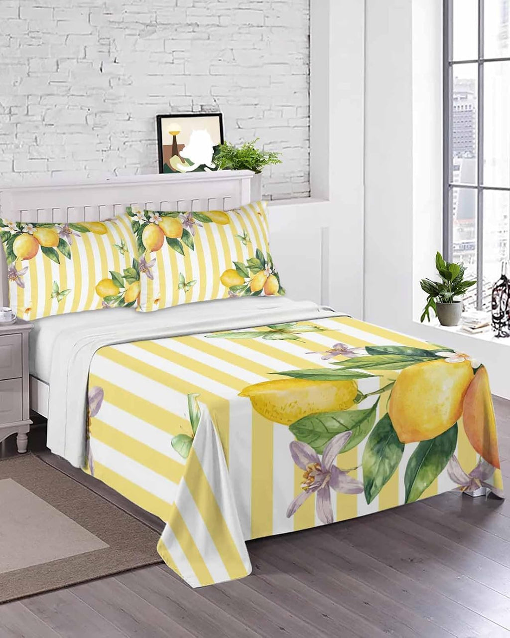 Queen Size Top Sheet Only, Farm Purple White Floral Lemon Flat Sheet Microfiber Breathable Soft Bed Sheets, Butterfly on Yellow Stripe Hotel Bedding Flat Sheets for Bedroom