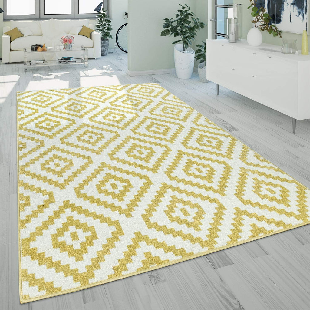 Modern Area Rug with Moroccan Diamond Pattern in Pastel Yellow-White, Size: 2'4" x 8'2"