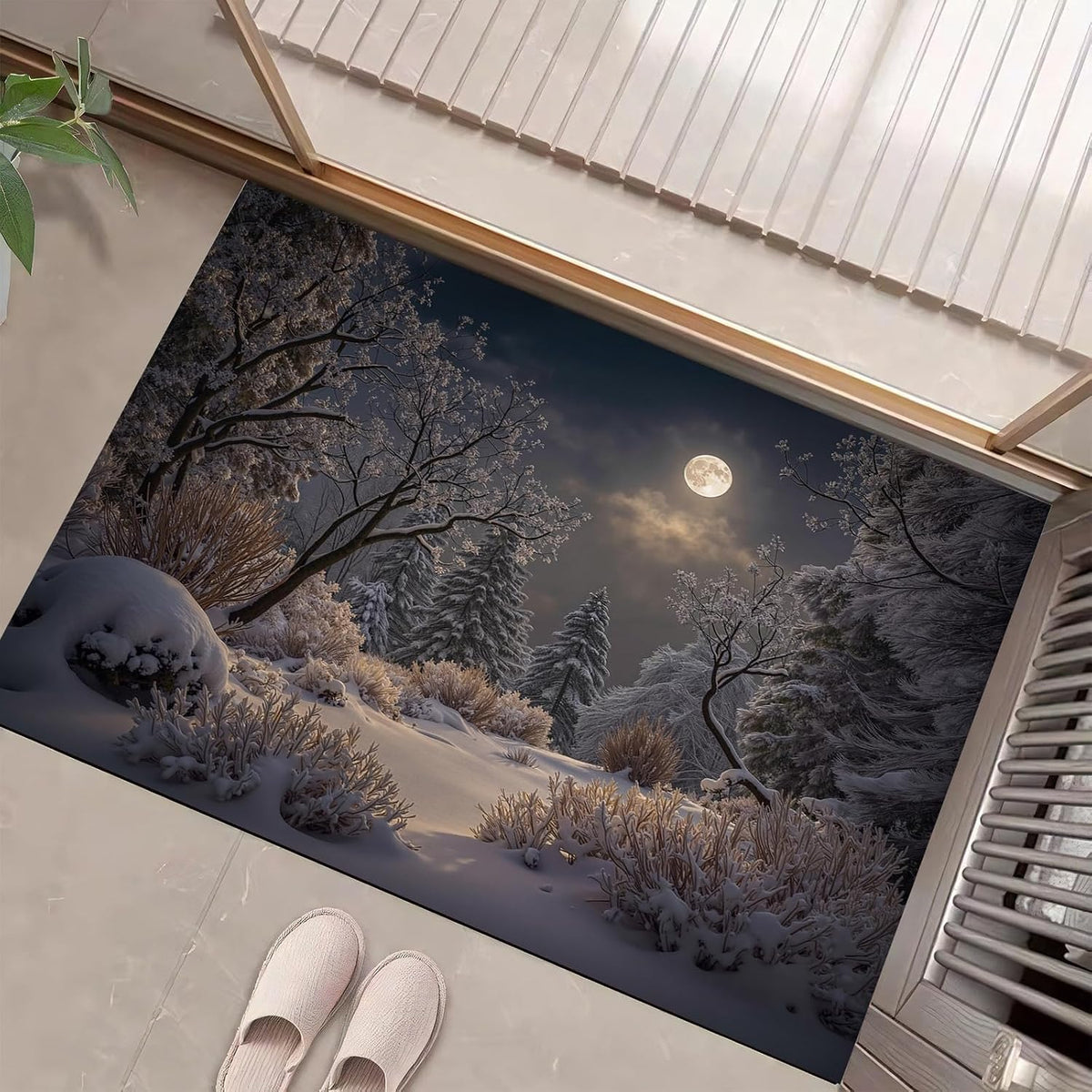 Winter Forest Snow Scene Indoor Door Mat,1'5" X 2'5", Floor Area Rug for Entryway, Living Room, Or Bathroom,Light Yellow Non-Slip Doormat,Moonlight Shining On The Snow Home Decor Rug Gifts