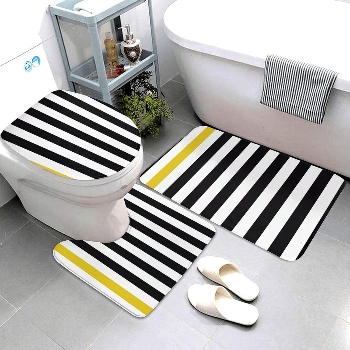 3 Pieces Bath Rug Set, Black White & Yellow Stripe Bathroom Mat Set Non Slip & Absorbent Bath Carpet, U Shaped Contour Rug & Toilet Lid Cover