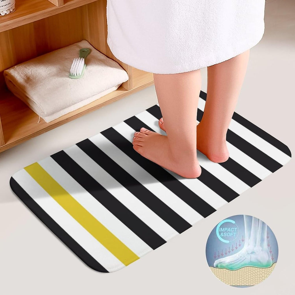 3 Pieces Bath Rug Set, Black White & Yellow Stripe Bathroom Mat Set Non Slip & Absorbent Bath Carpet, U Shaped Contour Rug & Toilet Lid Cover