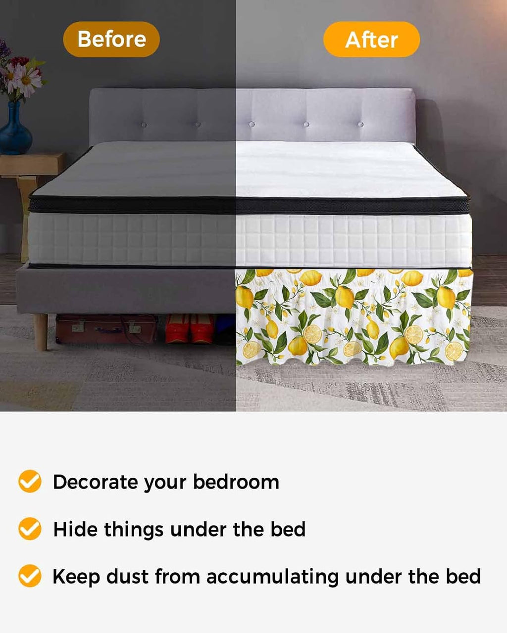 Yellow Lemon Bed Skirt Queen Size 16 Inch Drop, Adjustable Elastic Wrap Around Bed Skirts Easy Fitting Dust Ruffle Bedskirt Bed Frame Cover White Flowers Elegant Country Plants