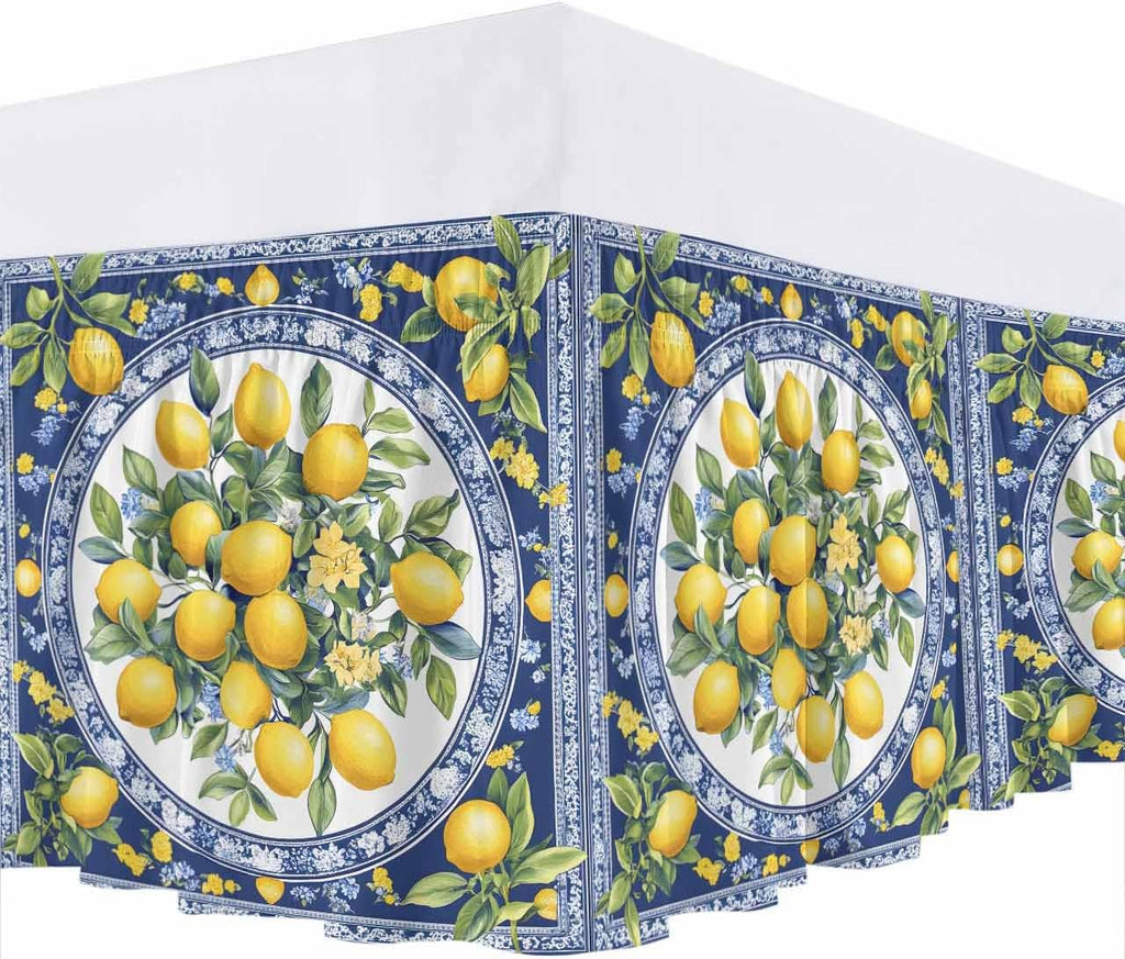 Bed Skirt Yellow Lemons Leaves Summer Blue Texture Ruffle Bed Skirt Wrap Around Bed Skirts for Queen Beds 16" Drop,Adjustable Elastic Dust Ruffles Easy Fit and Wrinkle-Free