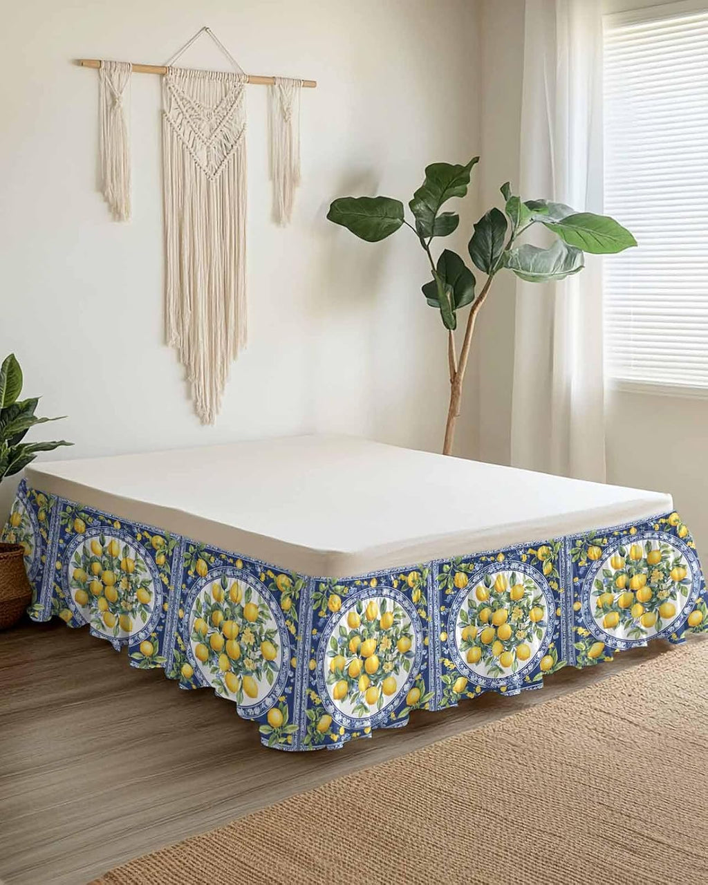 Bed Skirt Yellow Lemons Leaves Summer Blue Texture Ruffle Bed Skirt Wrap Around Bed Skirts for Queen Beds 16" Drop,Adjustable Elastic Dust Ruffles Easy Fit and Wrinkle-Free
