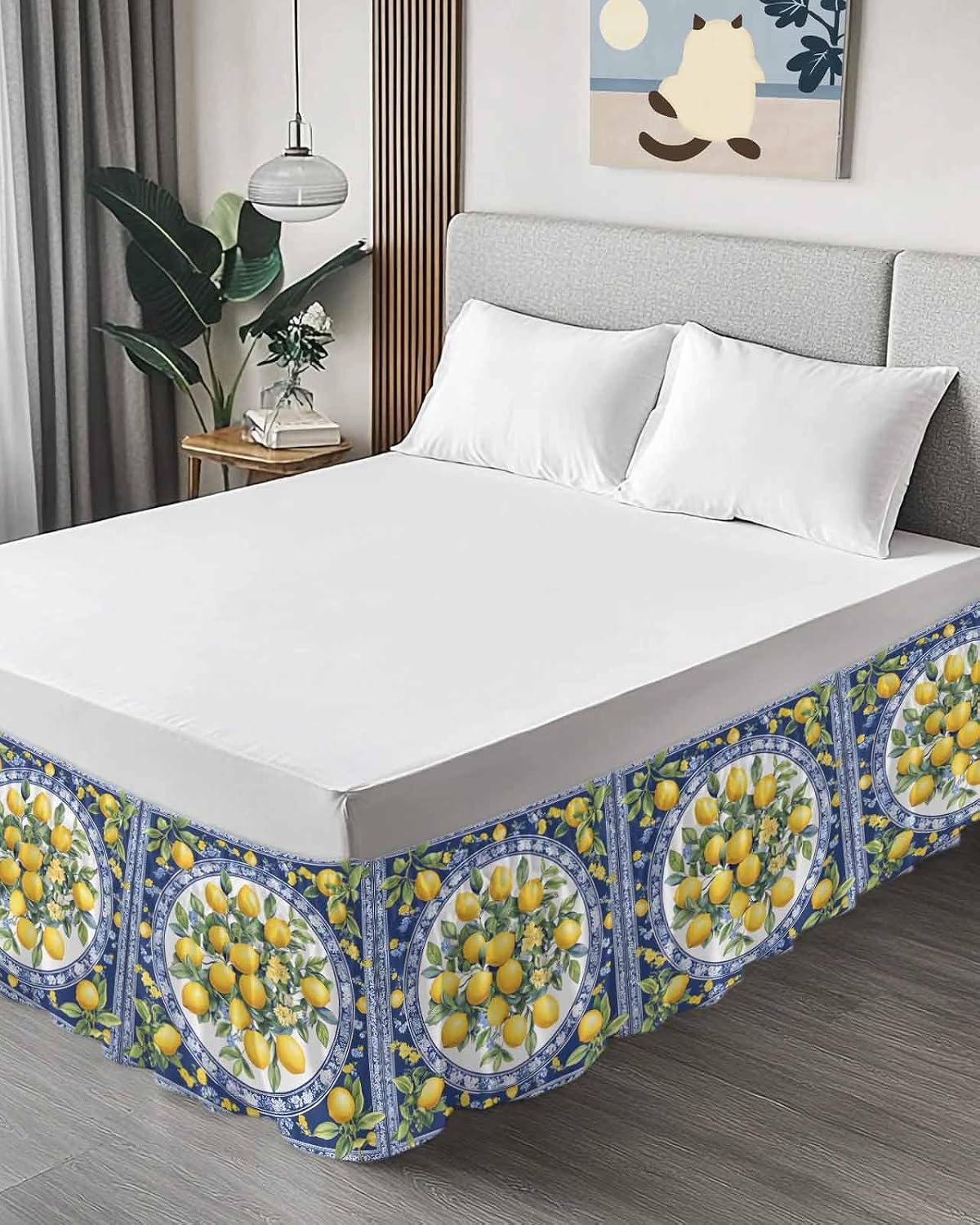 Bed Skirt Yellow Lemons Leaves Summer Blue Texture Ruffle Bed Skirt Wrap Around Bed Skirts for Queen Beds 16" Drop,Adjustable Elastic Dust Ruffles Easy Fit and Wrinkle-Free