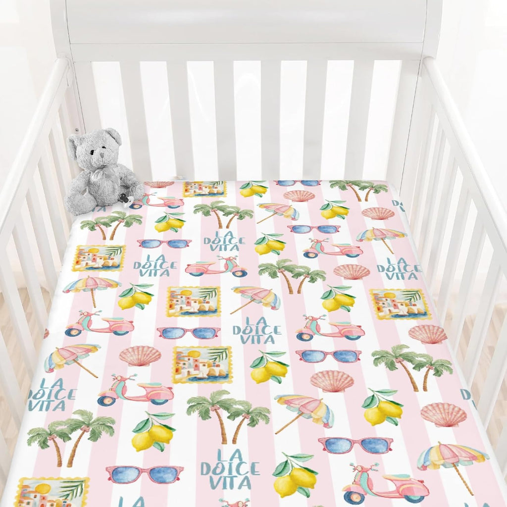 Summer Beach Baby Boys Girls Crib Sheets Coconut Palm Tree Lemon Sunglass Seashells Toddler Bedding Bed Sheets Italian Summer Coastal Fitted Crib Mattress Cover for Standard Crib Mattress 28x52 in