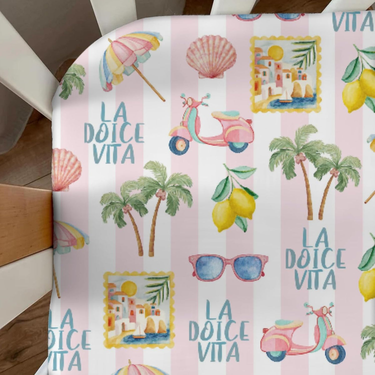 Summer Beach Baby Boys Girls Crib Sheets Coconut Palm Tree Lemon Sunglass Seashells Toddler Bedding Bed Sheets Italian Summer Coastal Fitted Crib Mattress Cover for Standard Crib Mattress 28x52 in