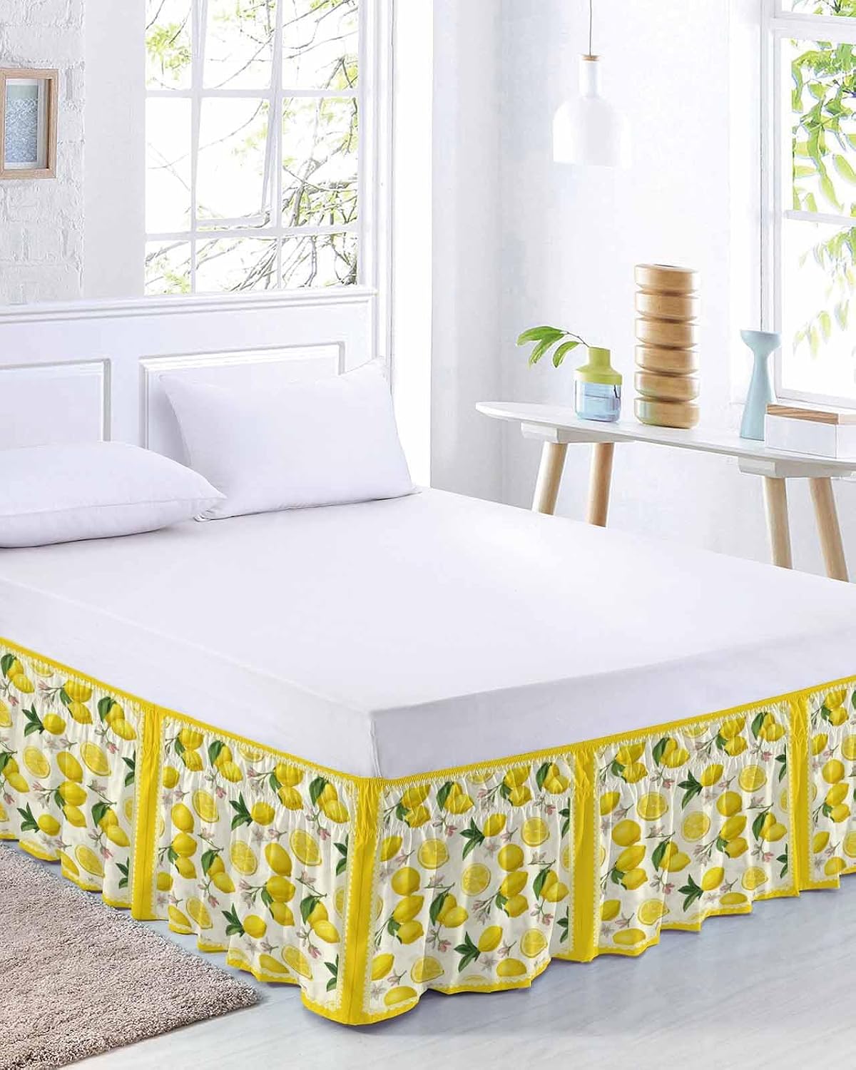 Yellow Summer Lemon Bed Skirt Queen Size 16 Inch Drop, Adjustable Elastic Wrap Around Bed Skirts Easy Fitting Dust Ruffle Bedskirt Bed Frame Cover Summer Botanical Watercolor