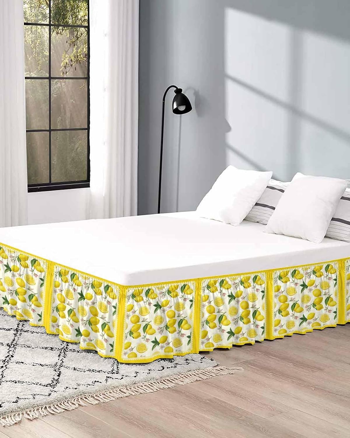 Yellow Summer Lemon Bed Skirt Queen Size 16 Inch Drop, Adjustable Elastic Wrap Around Bed Skirts Easy Fitting Dust Ruffle Bedskirt Bed Frame Cover Summer Botanical Watercolor