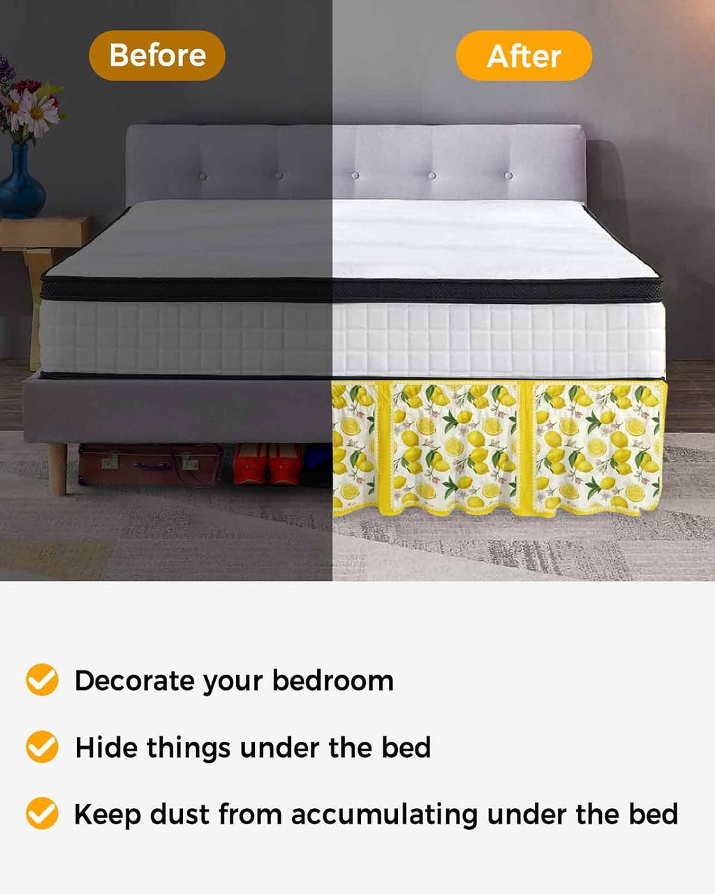 Yellow Summer Lemon Bed Skirt Queen Size 16 Inch Drop, Adjustable Elastic Wrap Around Bed Skirts Easy Fitting Dust Ruffle Bedskirt Bed Frame Cover Summer Botanical Watercolor