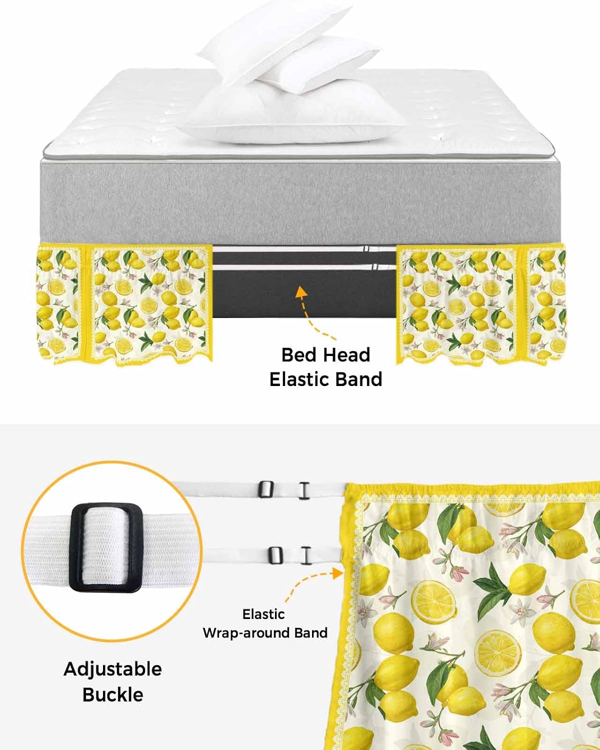 Yellow Summer Lemon Bed Skirt Queen Size 16 Inch Drop, Adjustable Elastic Wrap Around Bed Skirts Easy Fitting Dust Ruffle Bedskirt Bed Frame Cover Summer Botanical Watercolor