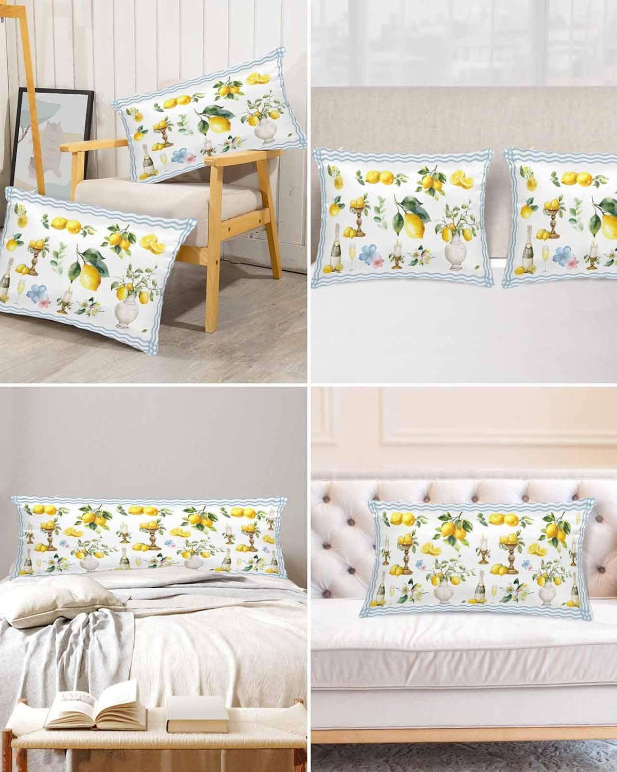 Satin Pillowcase for Hair and Skin Standard Size 2 Pack Summer Lemon Satin Pillow Case Soft Cool Silk Flower Vase Wine Yellow Waves Stripes Pillowcases with Hidden Zipper Throw Pillow Covers 20x26