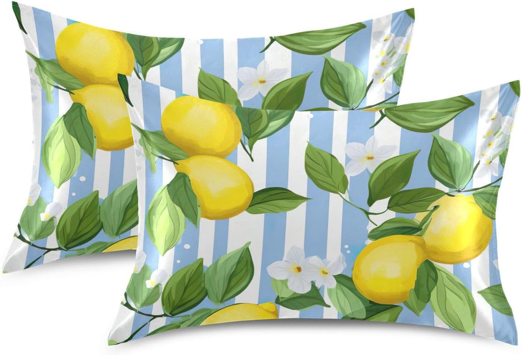 Yellow Lemon Stripe Satin Pillowcase for Hair and Skin Body Body Pillow Cases Standard Size 20"X26" Super Soft Pillow Case with Envelope Closure for Sleeping