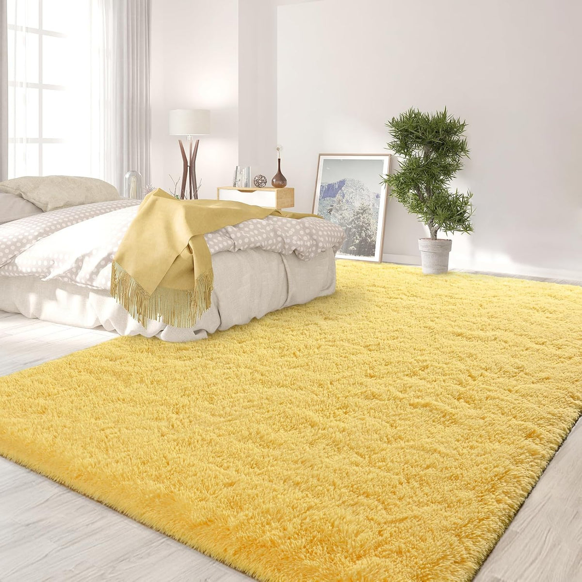 Large Area Rugs for Living Room, 5x8 Feet Yellow Shaggy Rug Fluffy Throw Carpets, Ultra Soft Plush Modern Indoor Fuzzy Rugs for Bedroom Girls Kids Nursery Room Dorm Home Decor