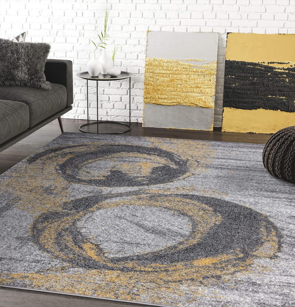 Yellow & Grey Bold Splatter Ring Contemporary 3' X 5' Area Rug - Laguna Collection Modern Style Accent Rug Rugs