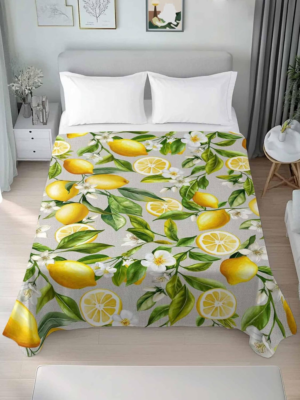 Queen Size Top Sheet Only, Summer Lemon Flower Leaf Flat Sheet Microfiber Breathable Soft Bed Sheets, Country Yellow Fruit Floral Plant Hotel Bedding Flat Sheets for Bedroom